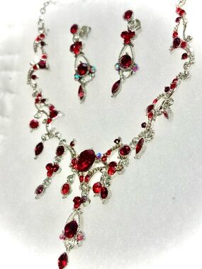Elegant Red Crystal Necklace and Earring Set - Silver Tone